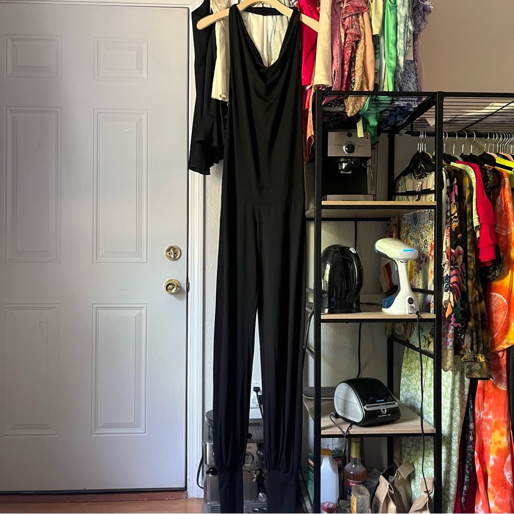 ARIA LATTNER black halter neck backless jogger straight leg knit jumpsuit